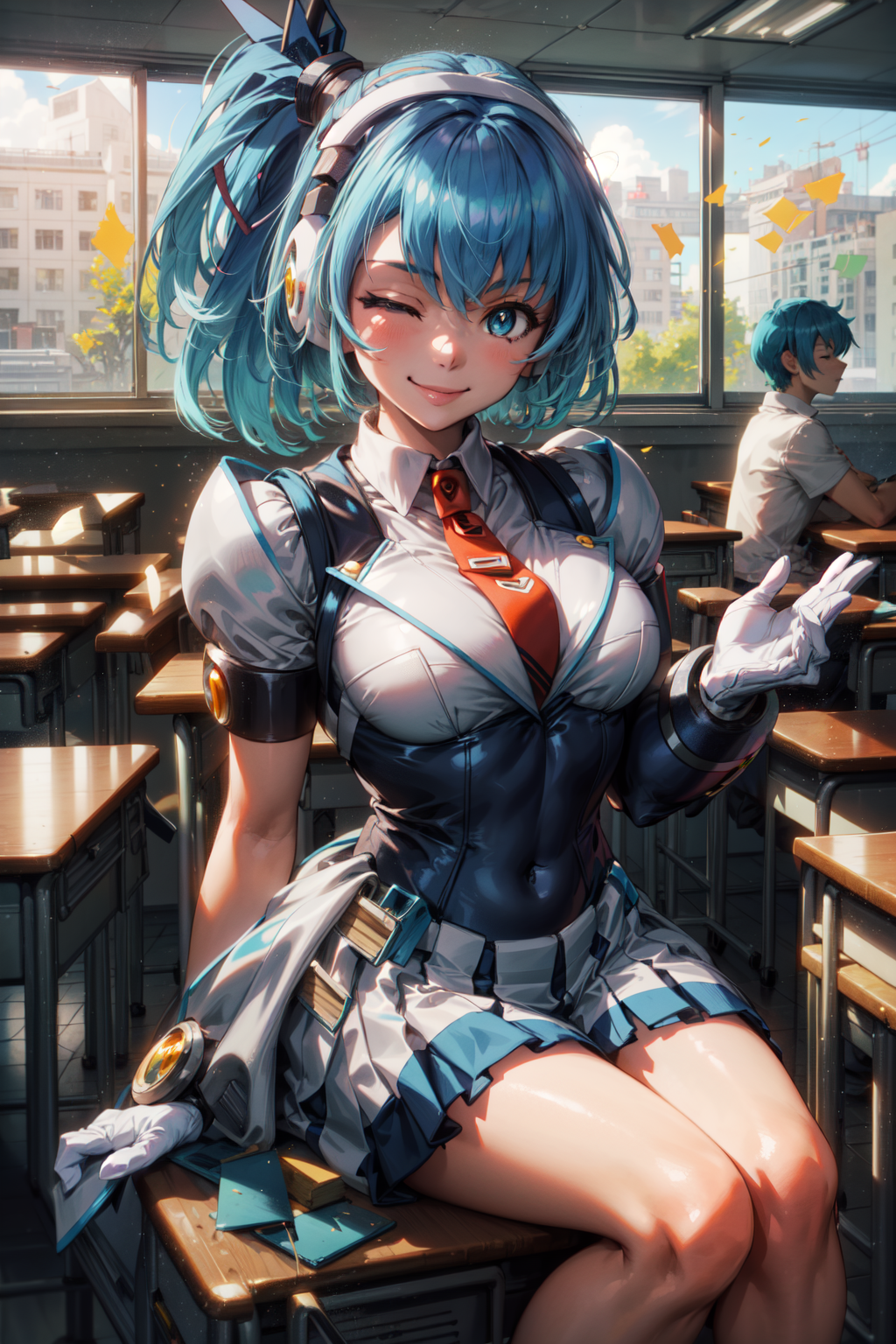 00482-4176583658-masterpiece,best quality,1girl,rico_megamanxdive,blue eyes,blue hair,((school uniform)),android,short hair,smile,one eye closed,.png